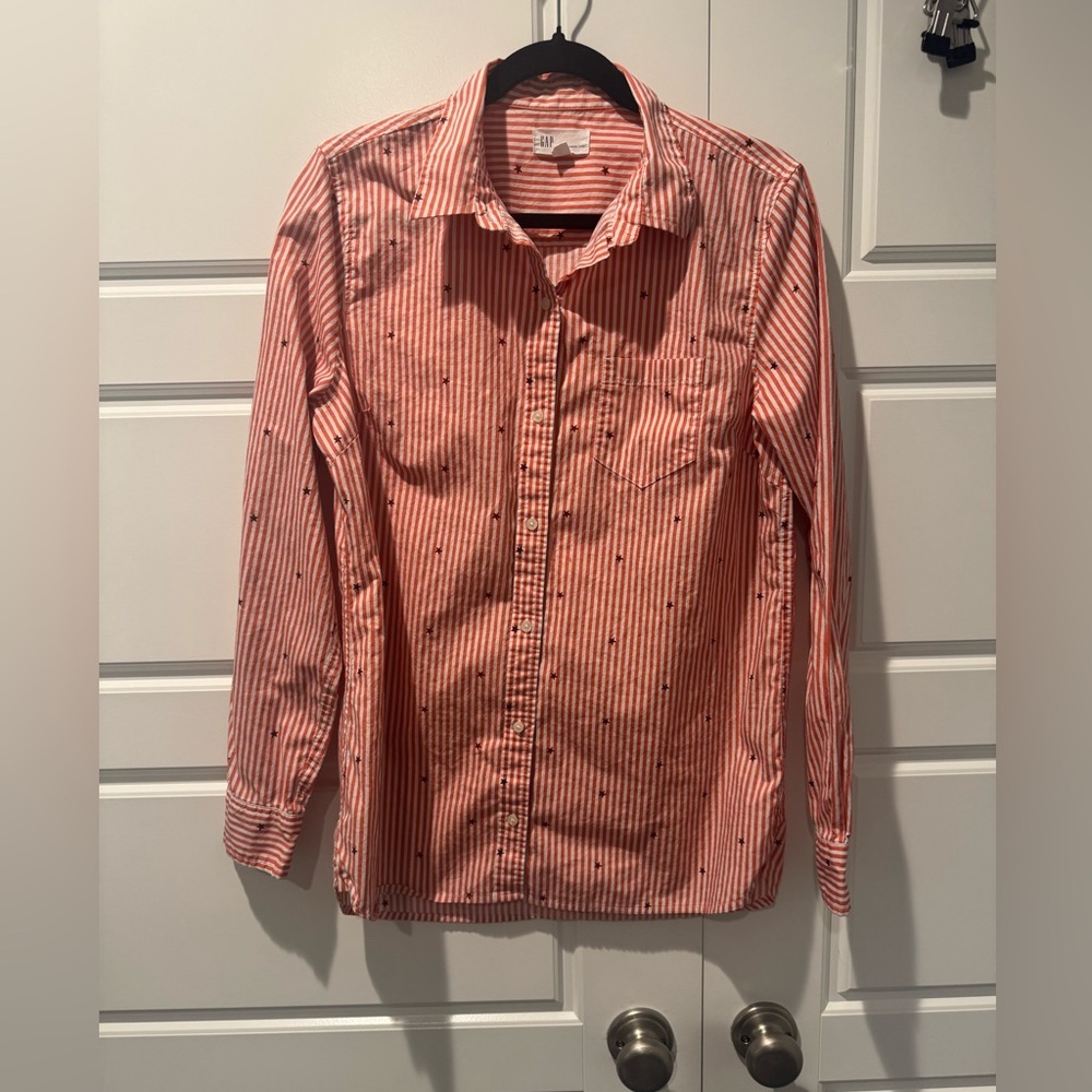 Gap Boyfriend Fit Striped Star Causal Button Down Shirt Womens Size Tall Medium